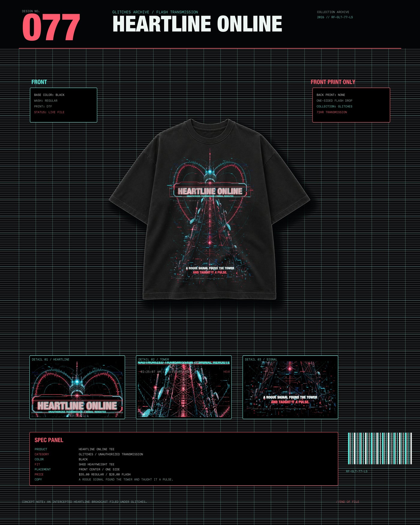 Heartline Online Tee GLITCHES archive card with black tee product layout