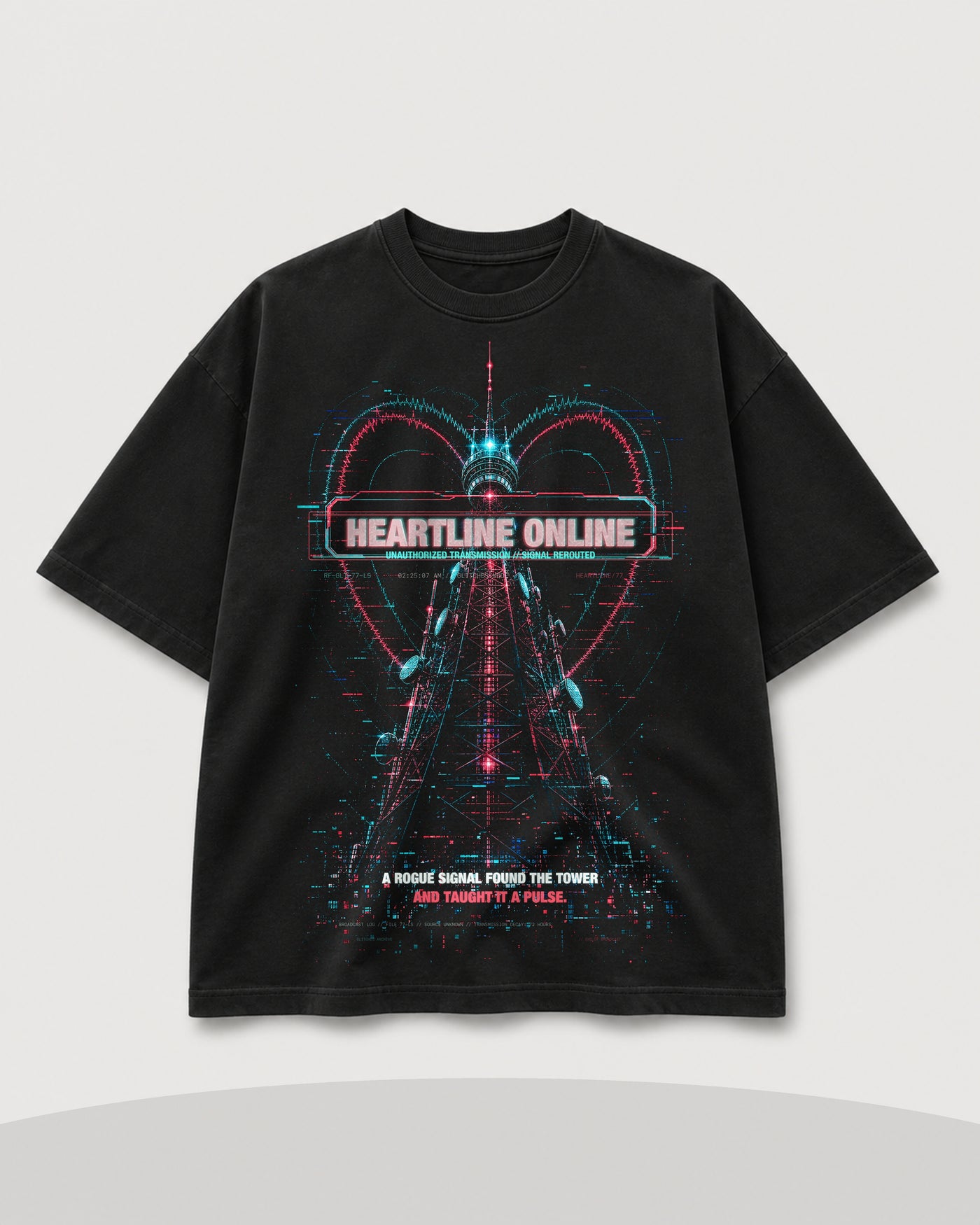 Heartline Online Tee black front mockup with neon broadcast tower heartline artwork