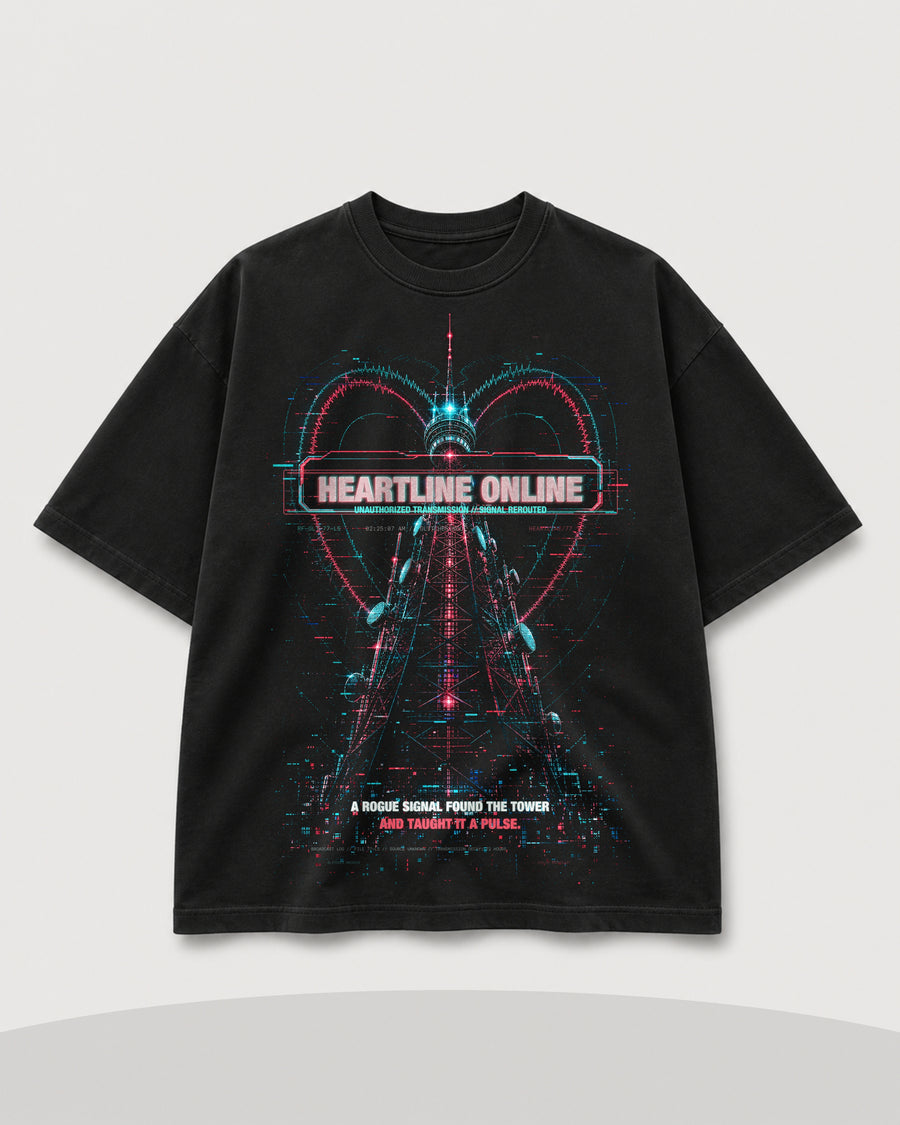 Heartline Online Tee black front mockup with neon broadcast tower heartline artwork