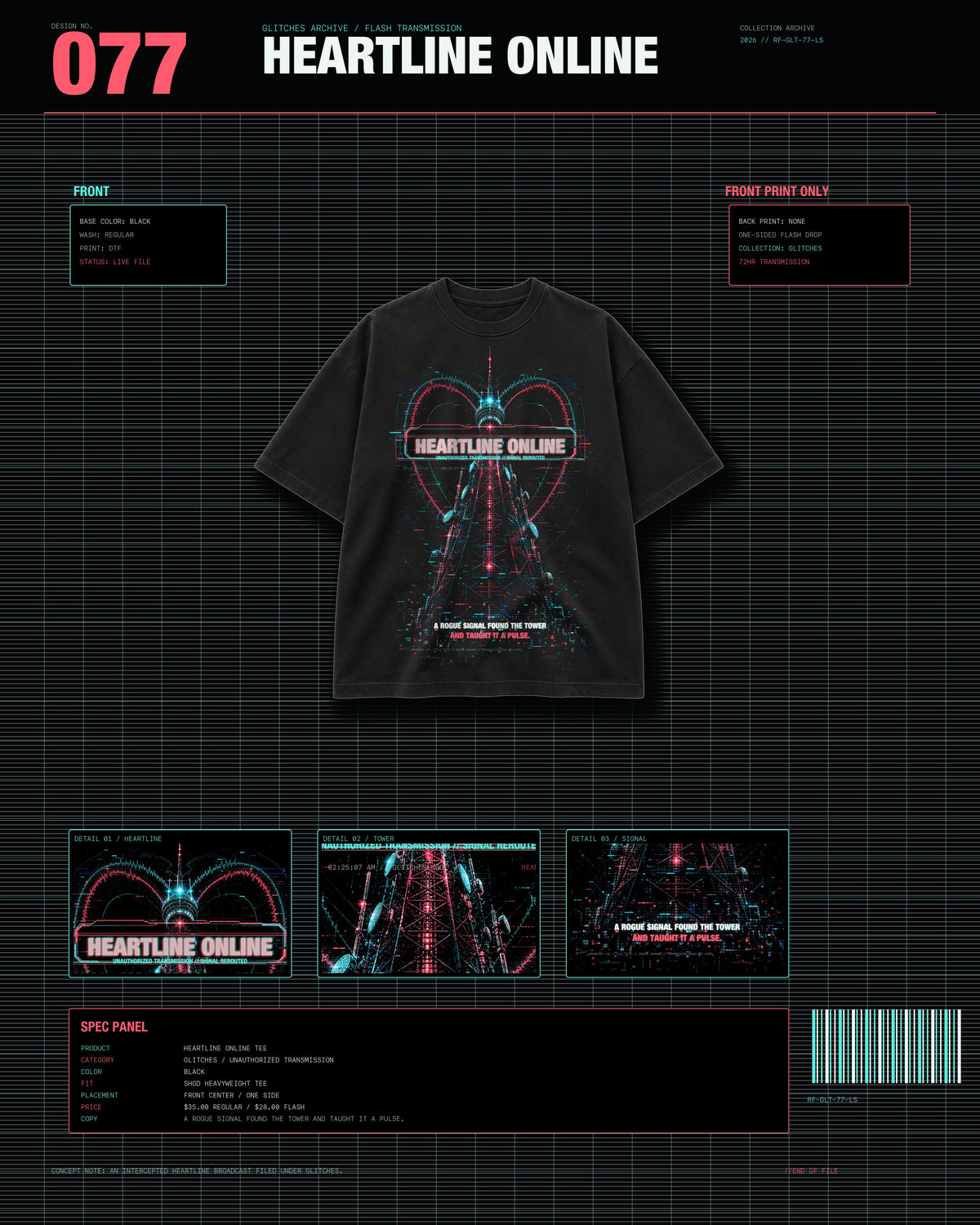 Heartline Online Tee GLITCHES archive card with black tee product layout