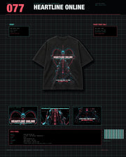 Heartline Online Tee GLITCHES archive card with black tee product layout