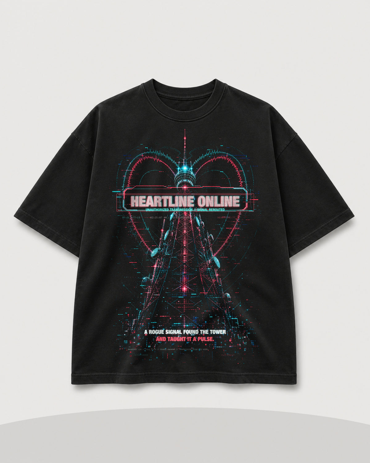 Heartline Online Tee black front mockup with neon broadcast tower heartline artwork