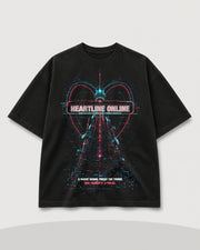 Heartline Online Tee black front mockup with neon broadcast tower heartline artwork