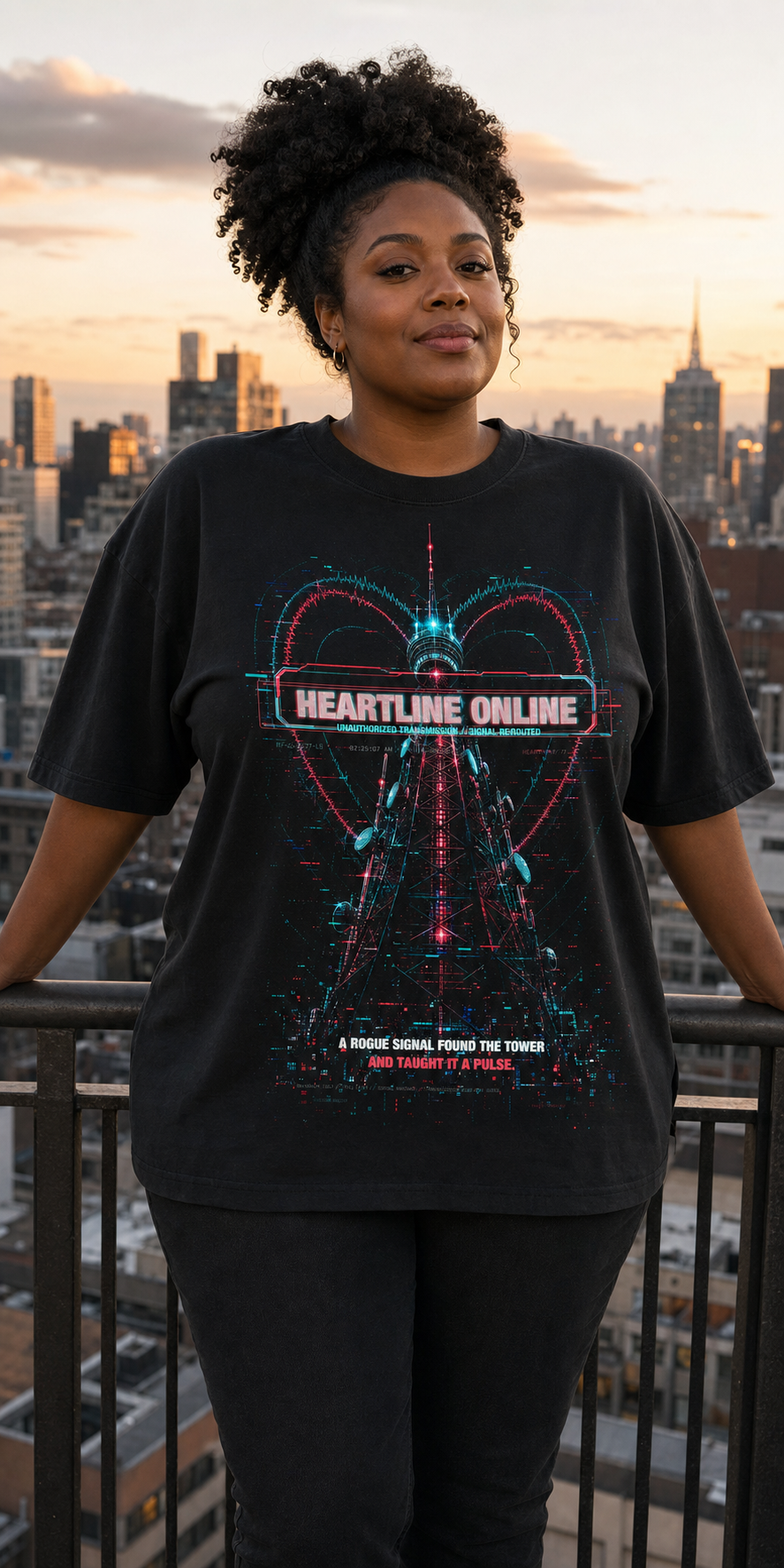 Heartline Online Tee model wearing the Black graphic tee