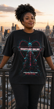 Heartline Online Tee model wearing the Black graphic tee