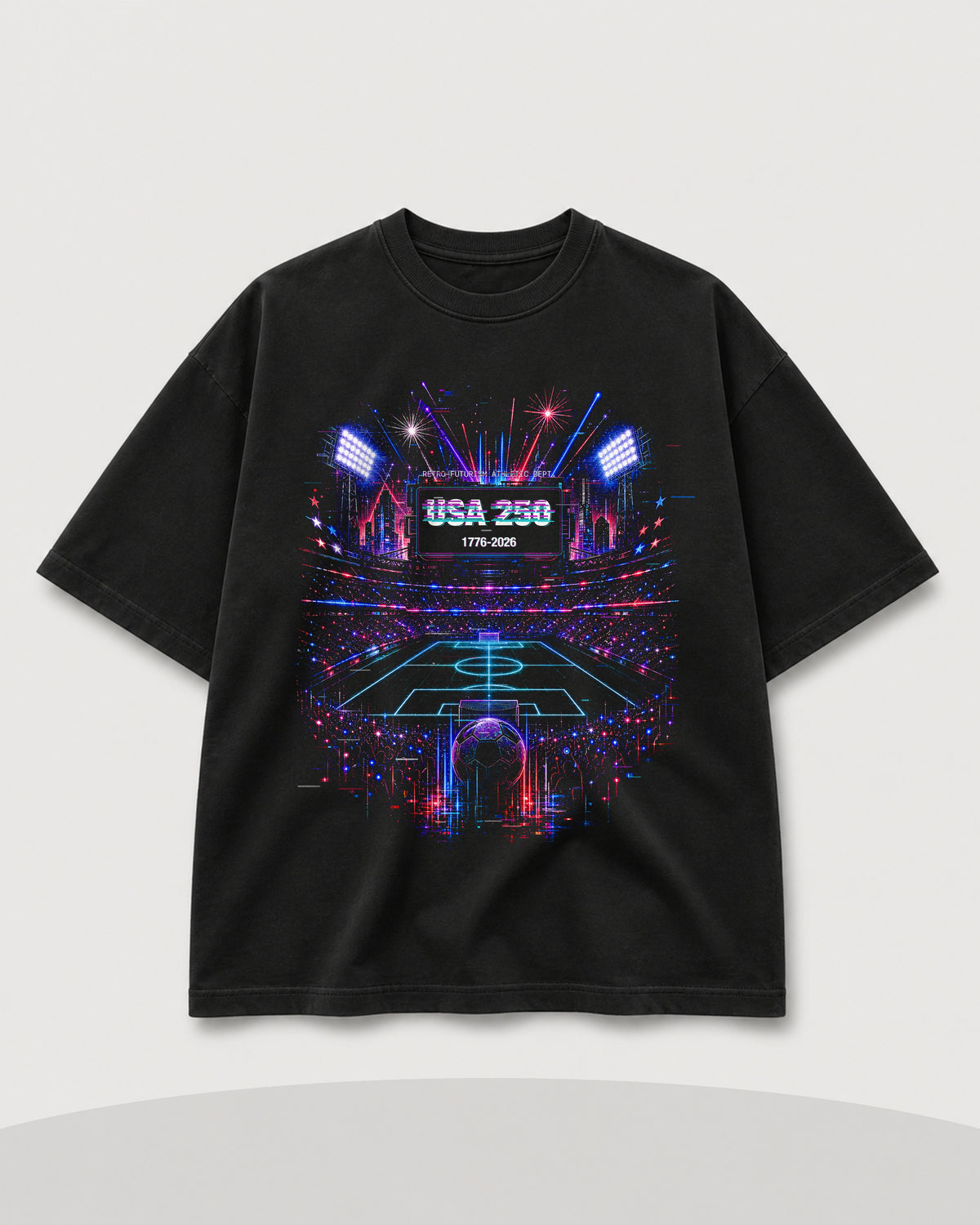 Home Signal 250 Tee black front mockup with neon stadium 250 graphic
