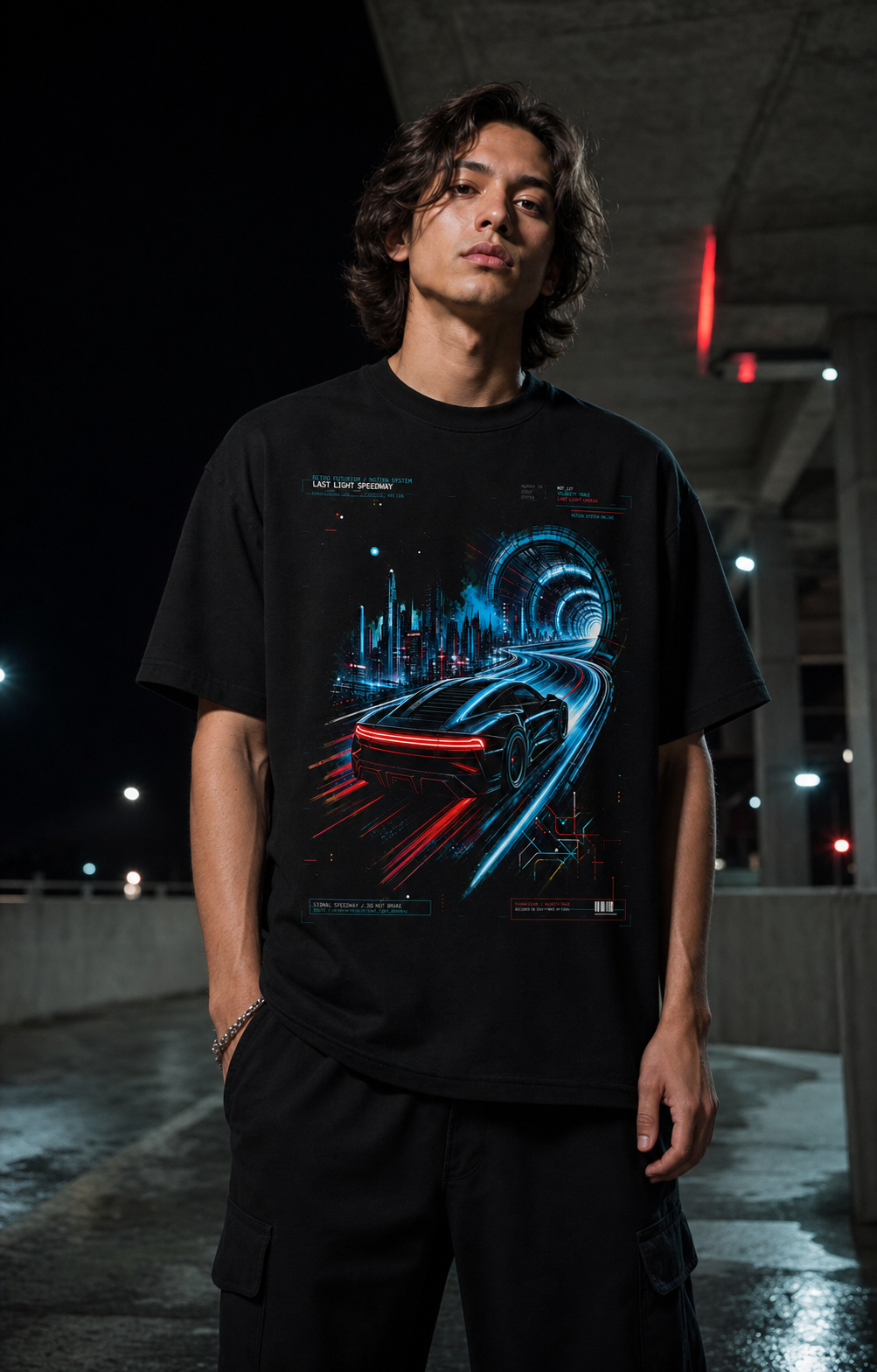 Last Light Speedway Tee male model wearing the Black graphic tee