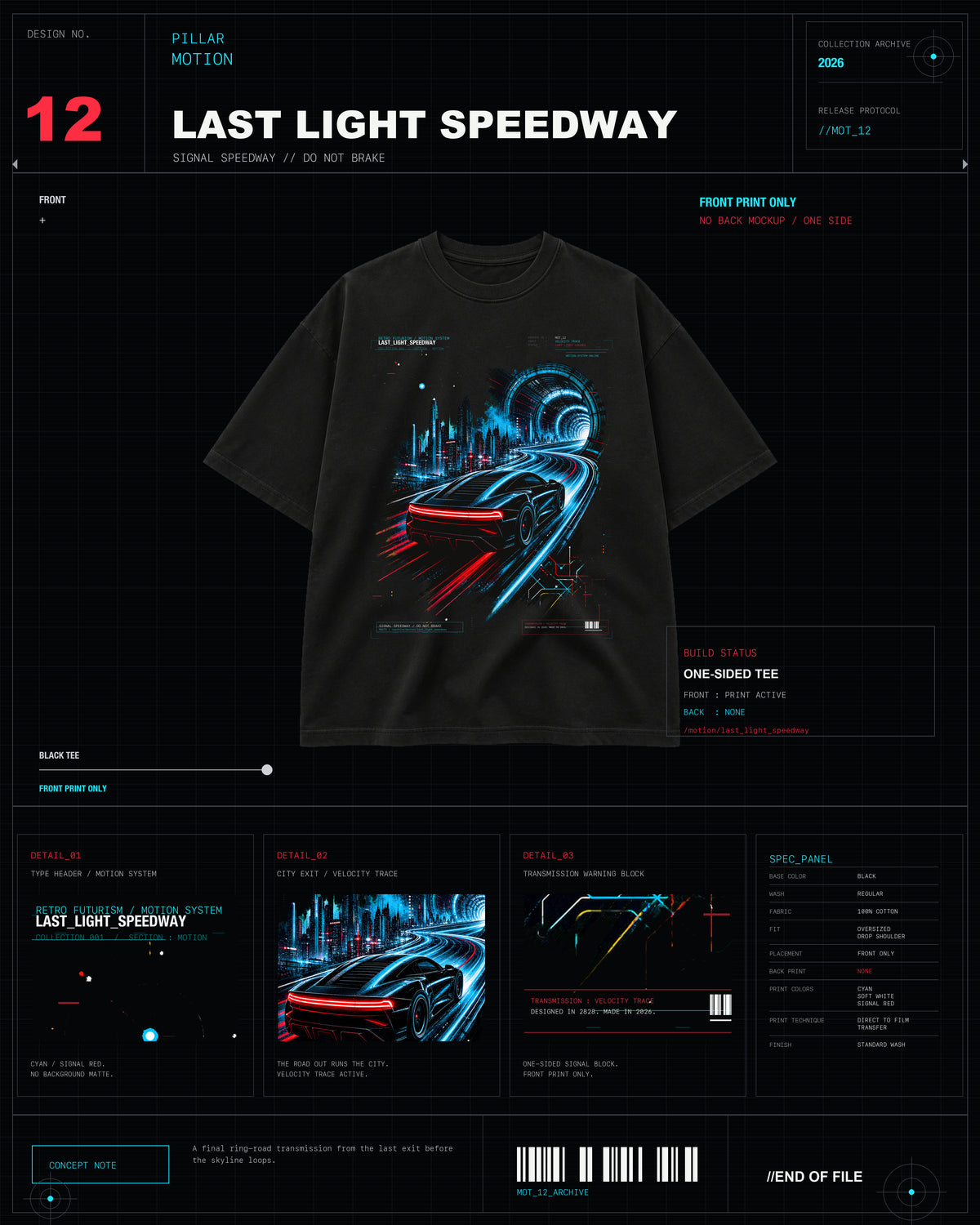 Last Light Speedway Tee MOTION archive card with black tee product layout