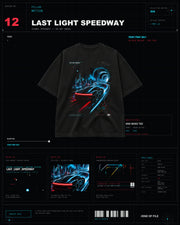 Last Light Speedway Tee MOTION archive card with black tee product layout