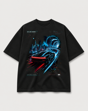 Last Light Speedway Tee black MOTION archive graphic tee with futuristic neon speedway car artwork