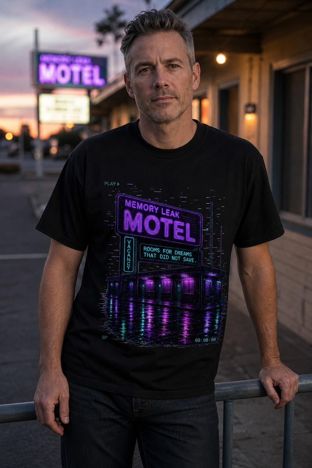 Memory Leak Motel Tee model wearing the Black graphic tee
