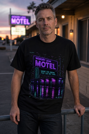 Memory Leak Motel Tee model wearing the Black graphic tee