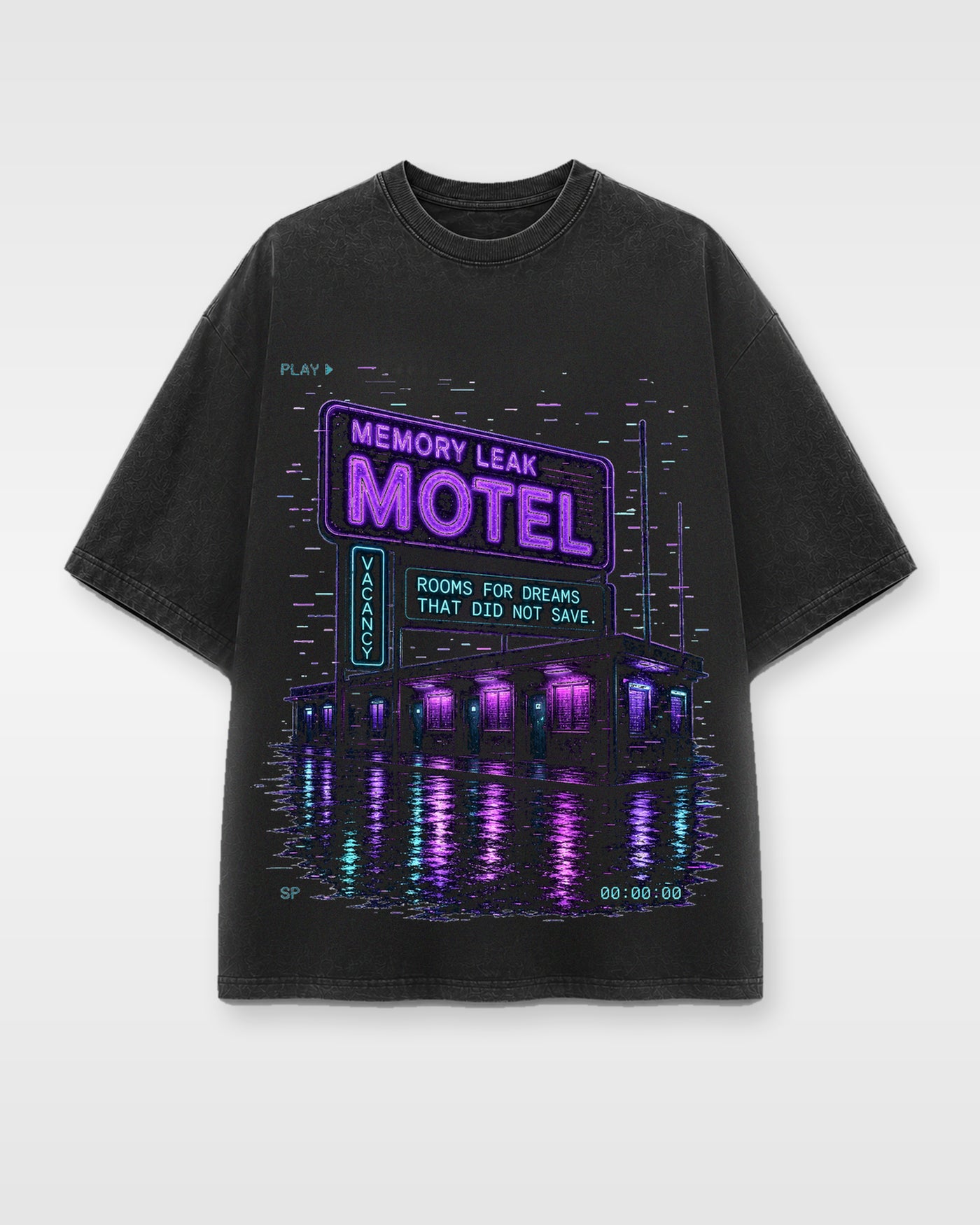 Memory Leak Motel Tee front graphic with glowing motel sign and future nostalgia atmosphere