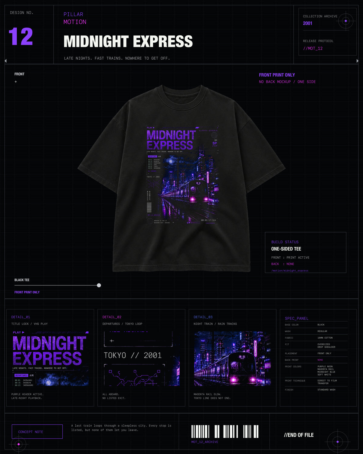 Midnight Express Tee MOTION archive card with black tee product layout