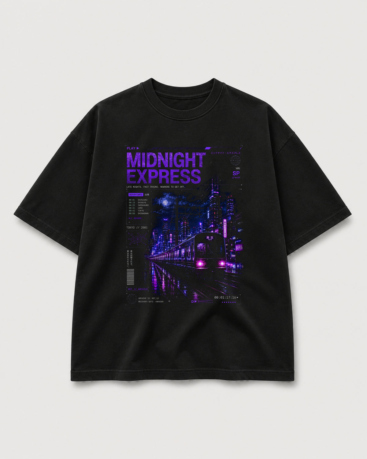 Midnight Express Tee black MOTION archive graphic tee with purple Tokyo midnight train artwork