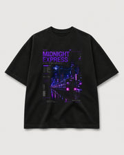 Midnight Express Tee black MOTION archive graphic tee with purple Tokyo midnight train artwork