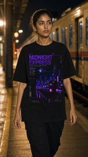 Midnight Express Tee model wearing the Black graphic tee