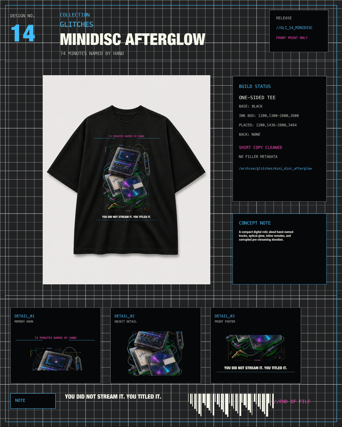 MiniDisc Afterglow Tee GLITCHES archive card with black tee product layout