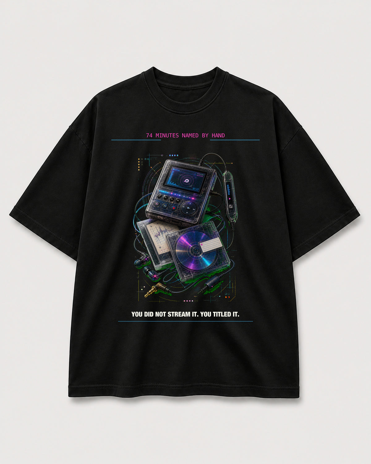 MiniDisc Afterglow Tee black front mockup with minidisc player and optical disc artwork