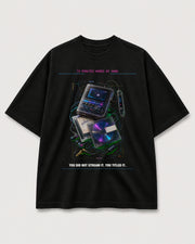 MiniDisc Afterglow Tee black front mockup with minidisc player and optical disc artwork
