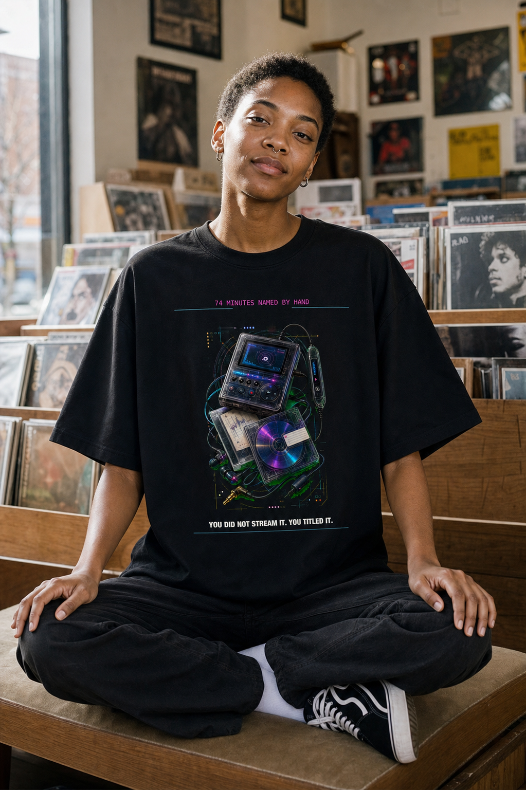 MiniDisc Afterglow Tee model wearing the Black graphic tee