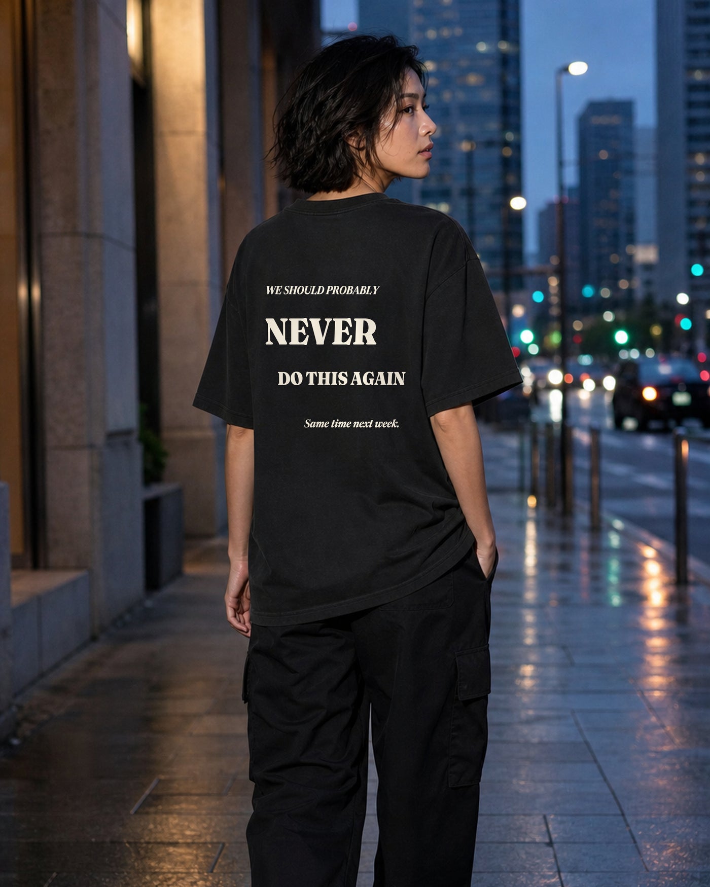 Never Do This Again Tee rear model view in Black