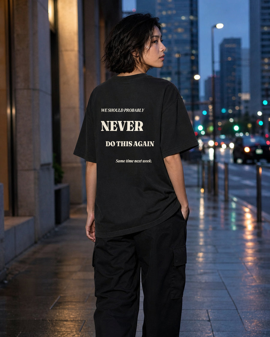 Never Do This Again Tee rear model view in Black