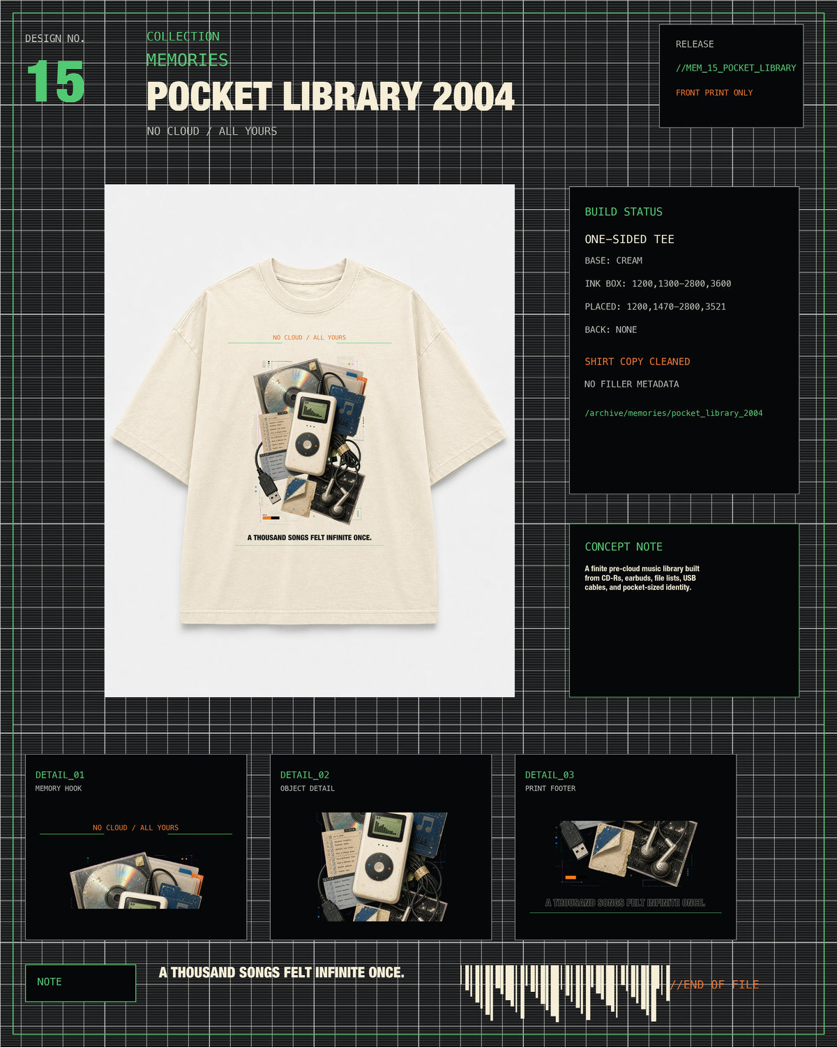 Pocket Library 2004 Tee MEMORIES archive card with cream tee product layout