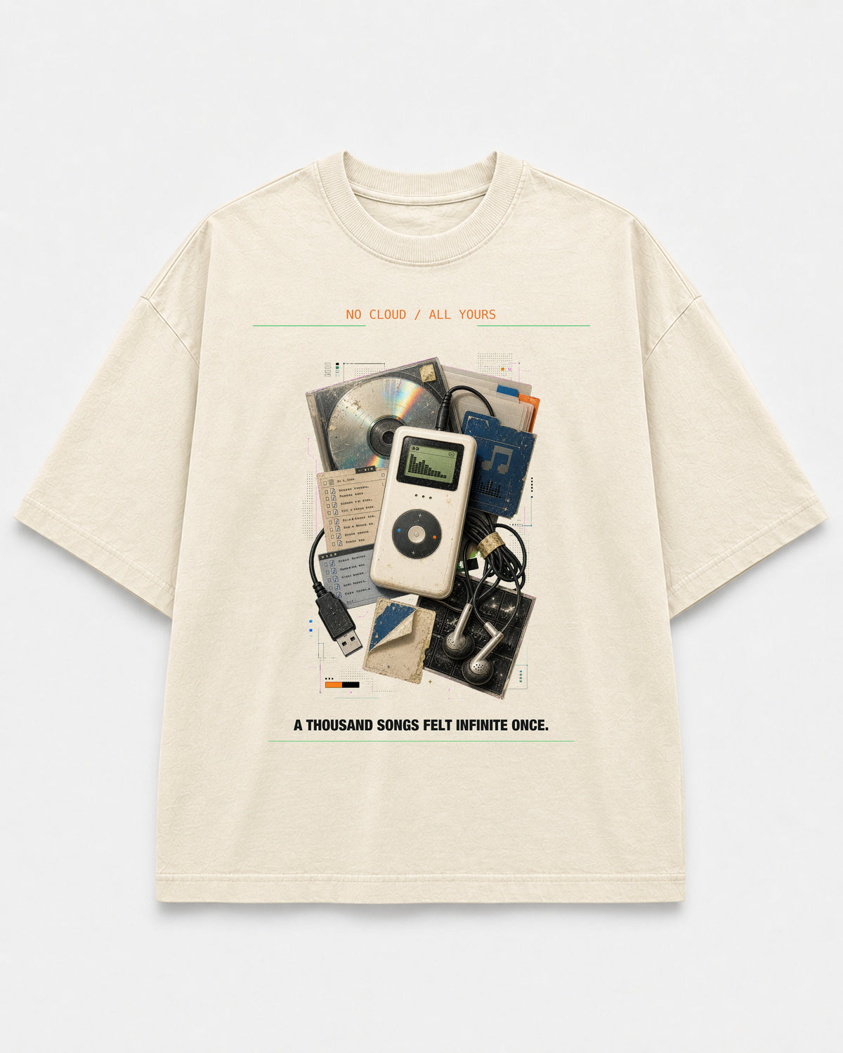 Pocket Library 2004 Tee cream front mockup with early MP3 player and pre-cloud music archive artwork
