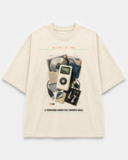 Pocket Library 2004 Tee cream front mockup with early MP3 player and pre-cloud music archive artwork