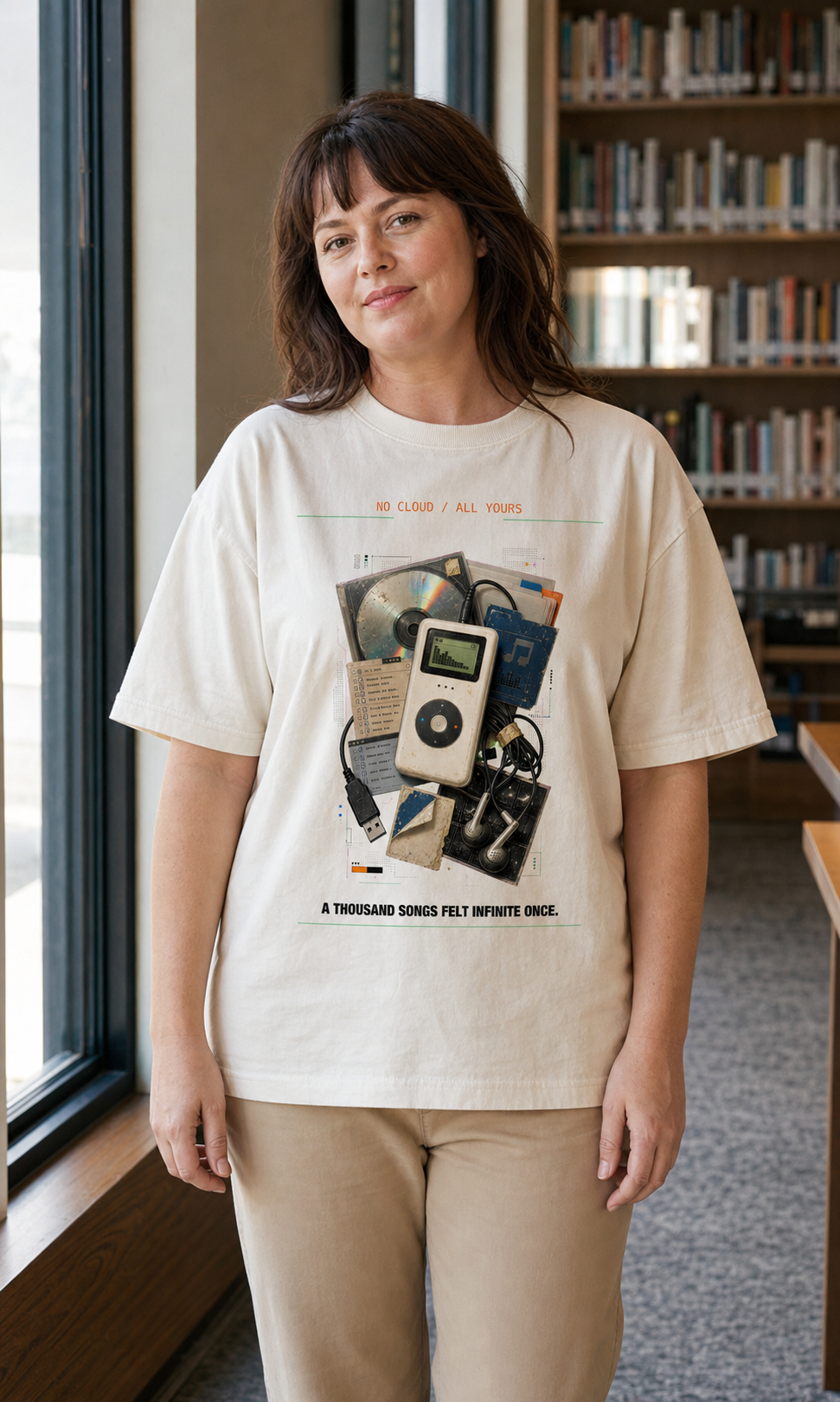 Pocket Library 2004 Tee model wearing the Cream graphic tee