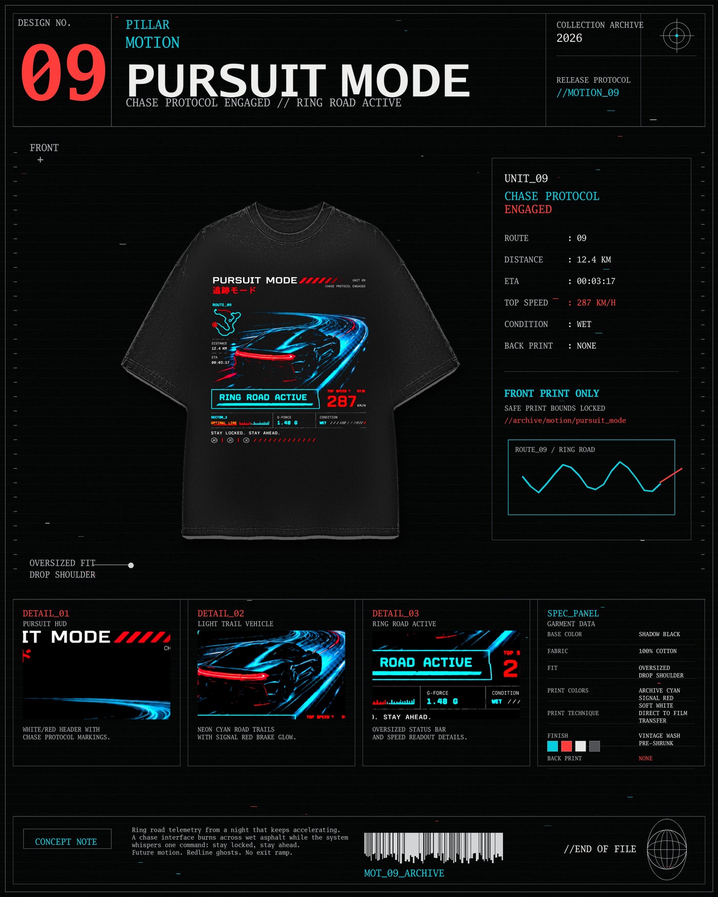 Pursuit Mode Tee black racing graphic tee with pursuit car and telemetry artwork