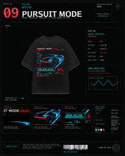 Pursuit Mode Tee black racing graphic tee with pursuit car and telemetry artwork