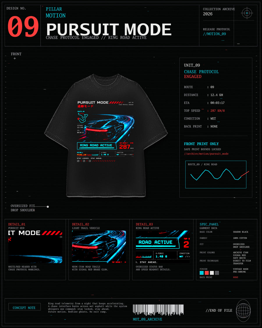 Pursuit Mode Tee black racing graphic tee with pursuit car and telemetry artwork