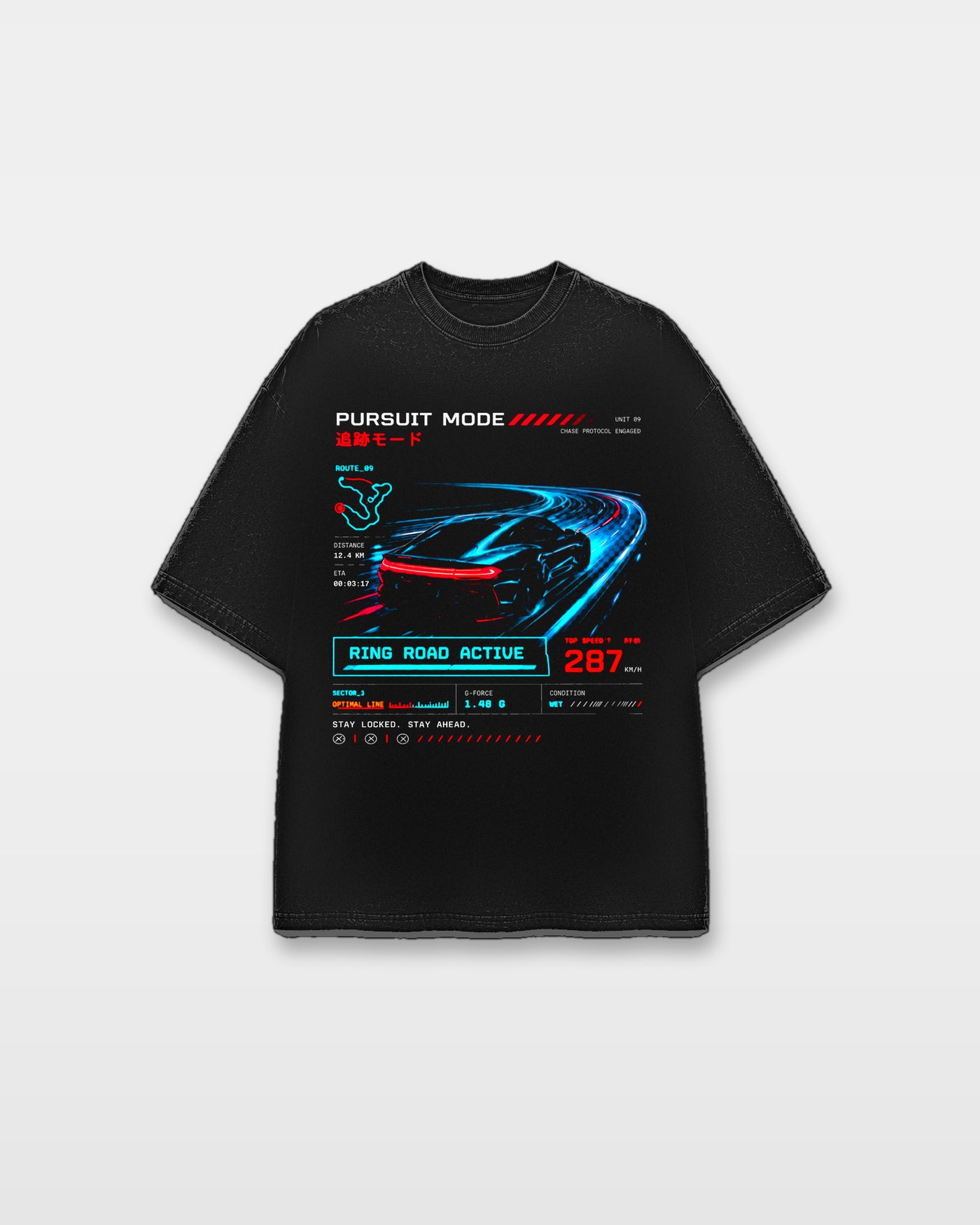 Pursuit Mode Tee front graphic with cyan red racing interface and warning details