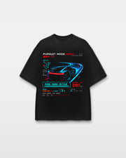 Pursuit Mode Tee front graphic with cyan red racing interface and warning details