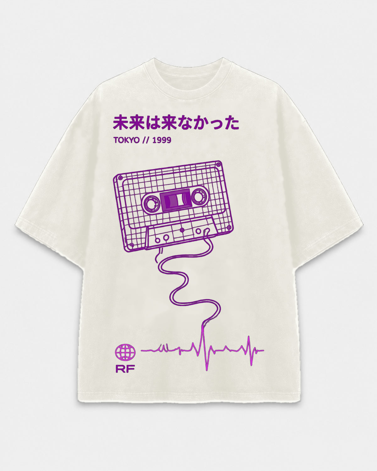 Rewind The Future Tee front graphic with cassette tape and Japanese future-memory text