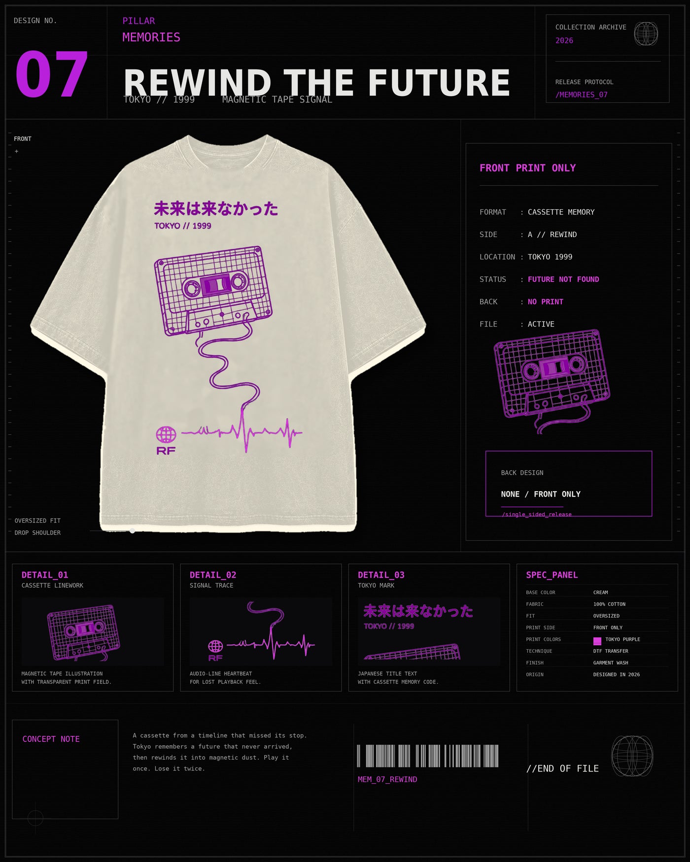 Rewind The Future Tee cream cassette graphic tee with purple audio-wave artwork