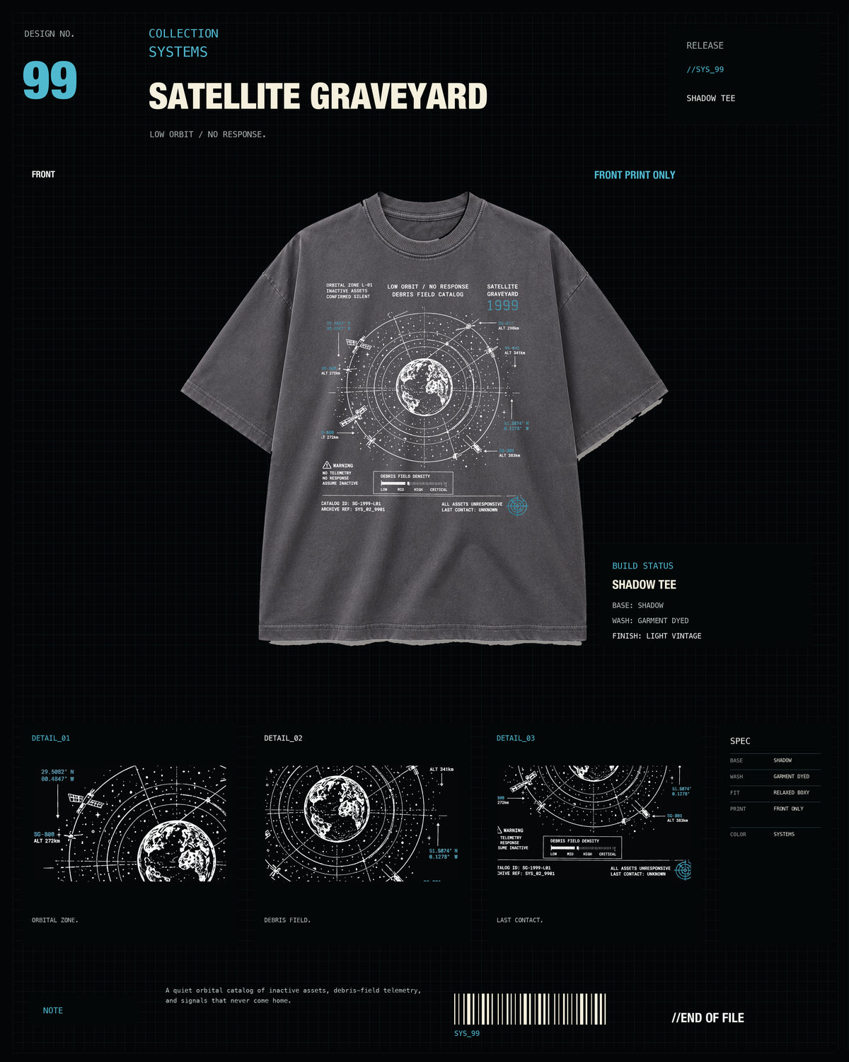 Satellite Graveyard Tee SYSTEMS Shadow card media with corrected faded charcoal tee template
