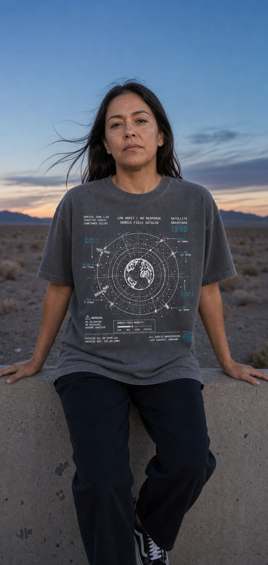 Satellite Graveyard Tee model wearing the Shadow graphic tee