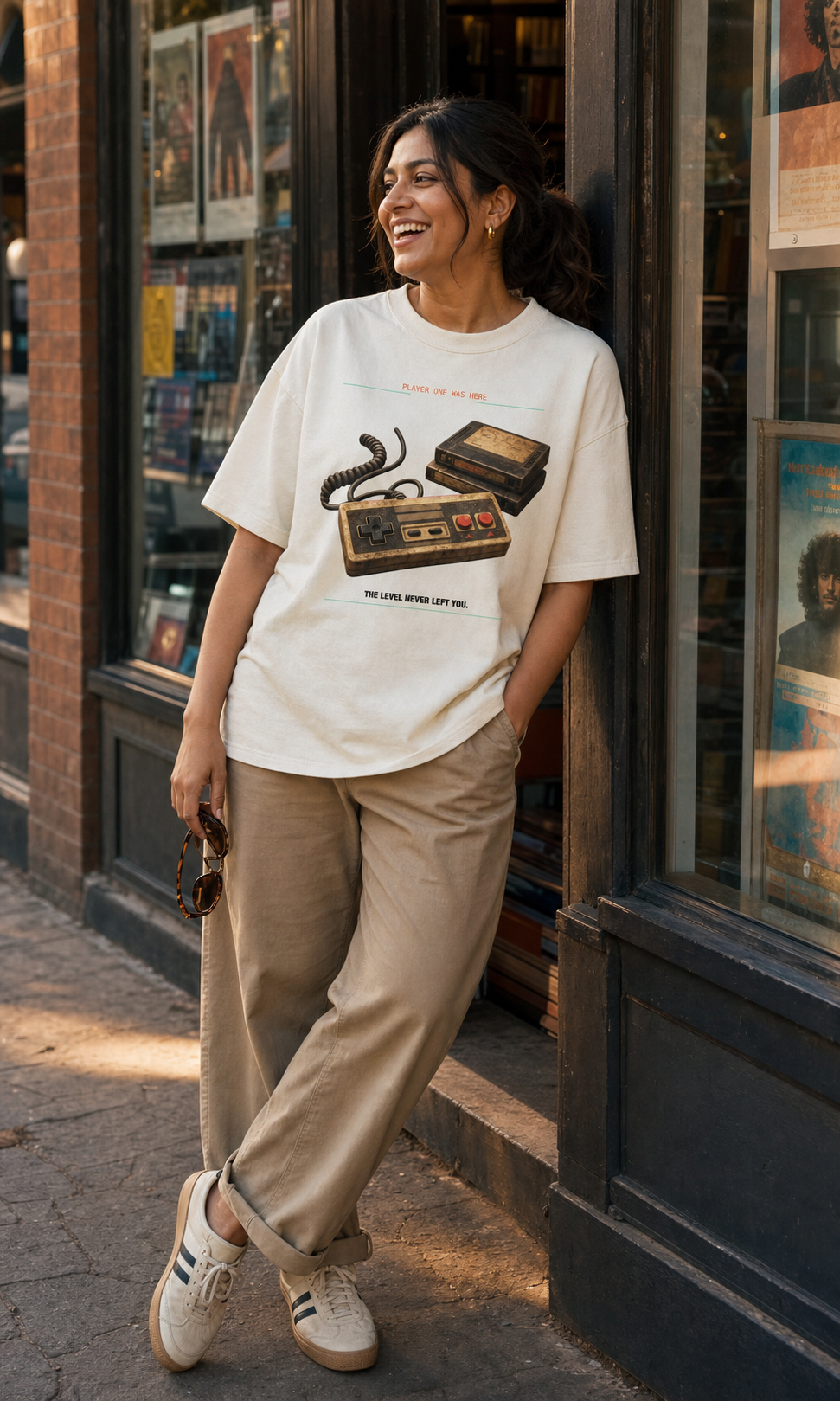 Save File Found Tee model wearing the Cream graphic tee