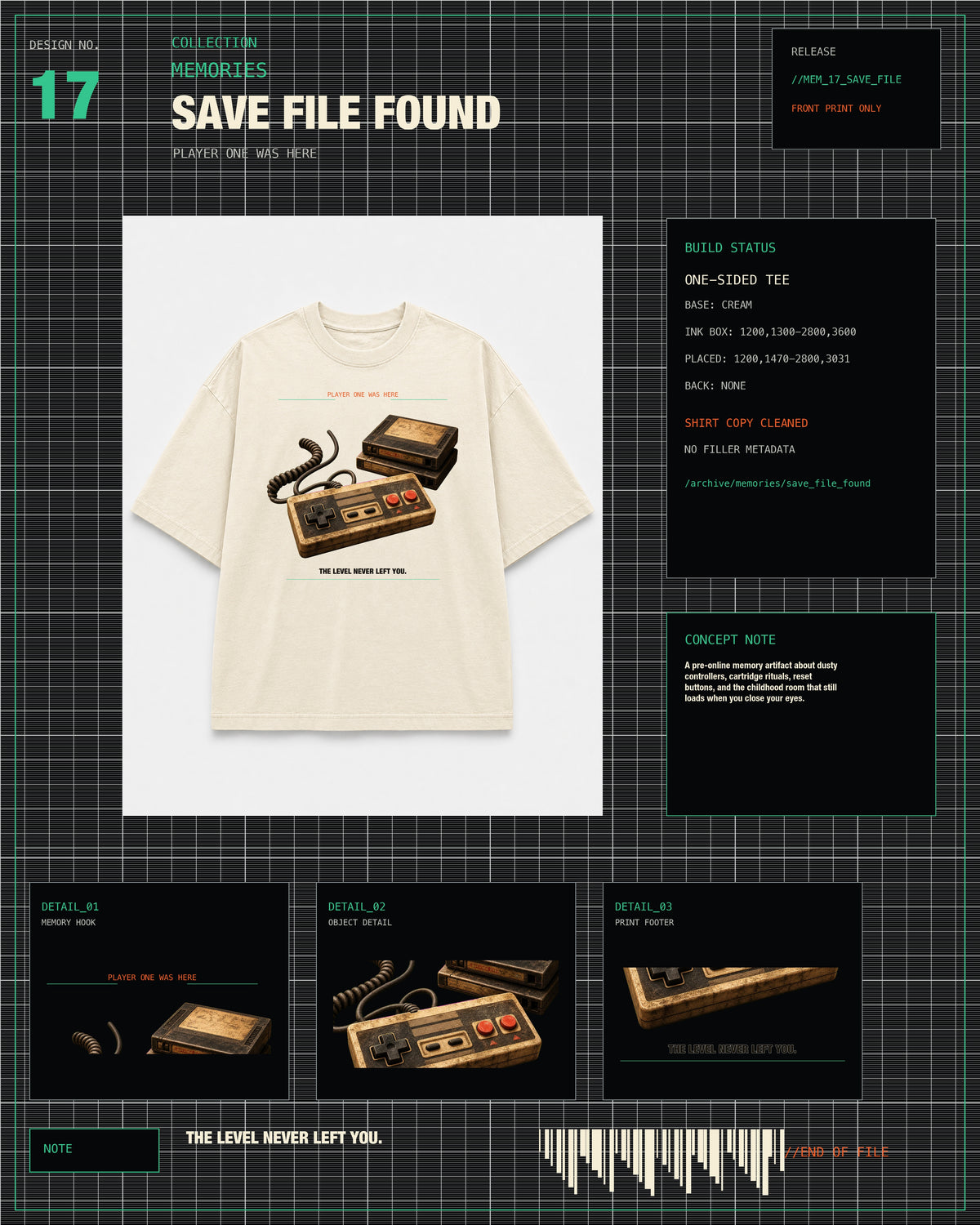 Save File Found Tee MEMORIES archive card with cream tee product layout