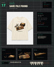 Save File Found Tee MEMORIES archive card with cream tee product layout