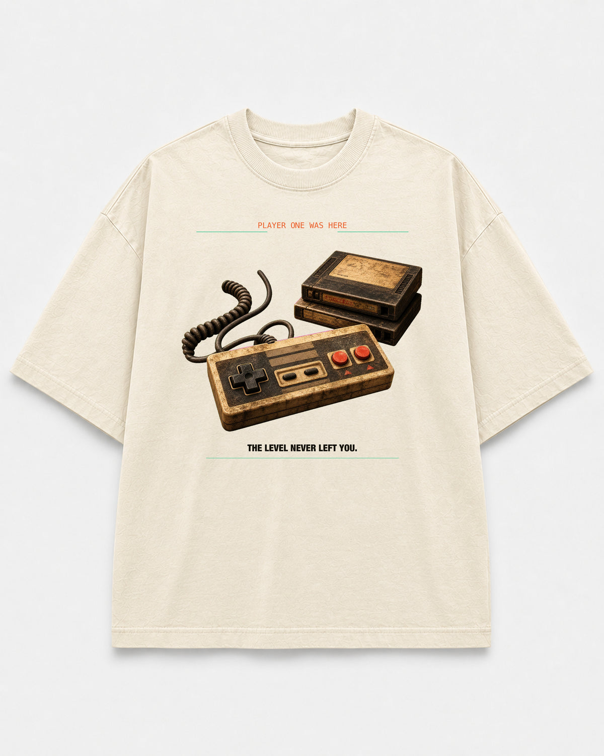 Save File Found Tee cream front mockup with worn retro game controller and cartridge artwork