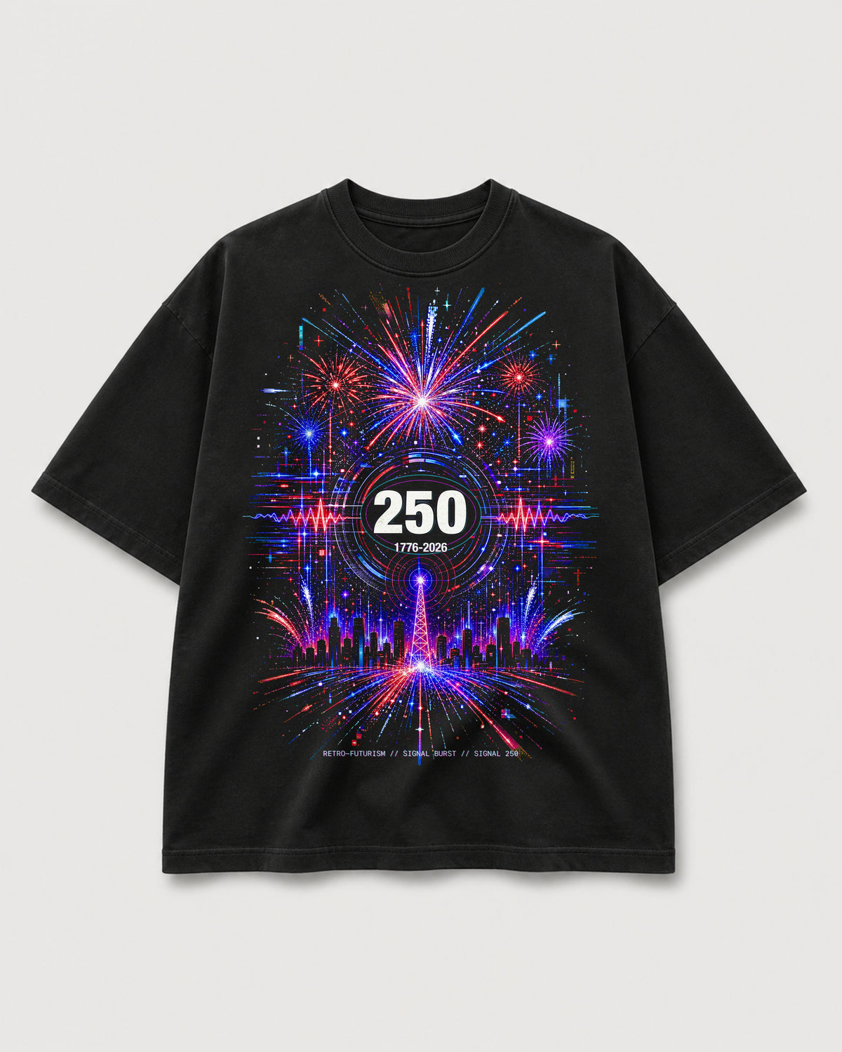 Signal Burst Tee black front mockup with fireworks and 250 graphic