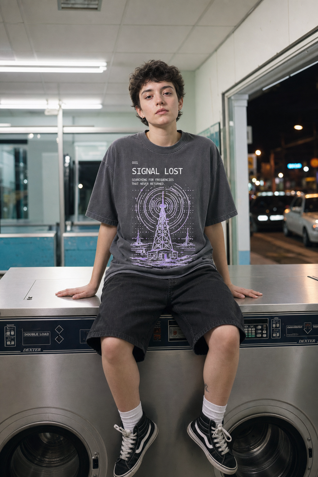Signal Lost Tee model wearing the Shadow graphic tee