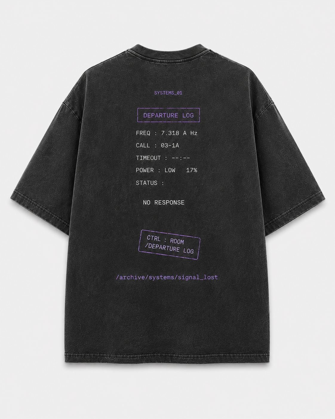 Signal Lost Tee back graphic with retro-future signal interface artwork