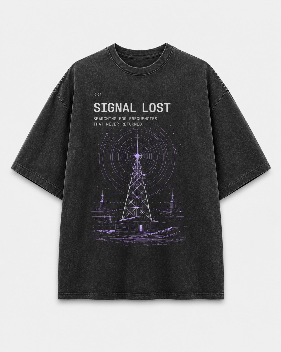 Signal Lost Tee front graphic with failed broadcast tower and system readouts