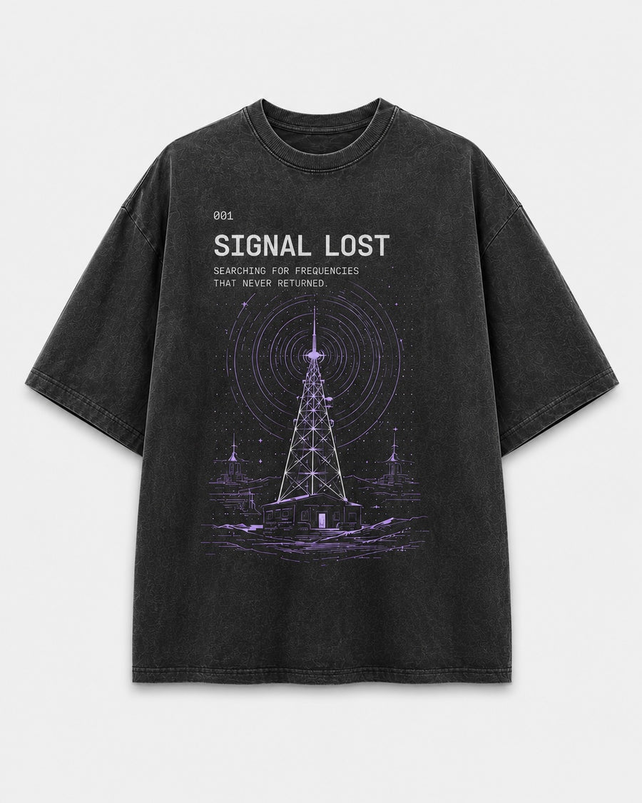 Signal Lost Tee front graphic with failed broadcast tower and system readouts