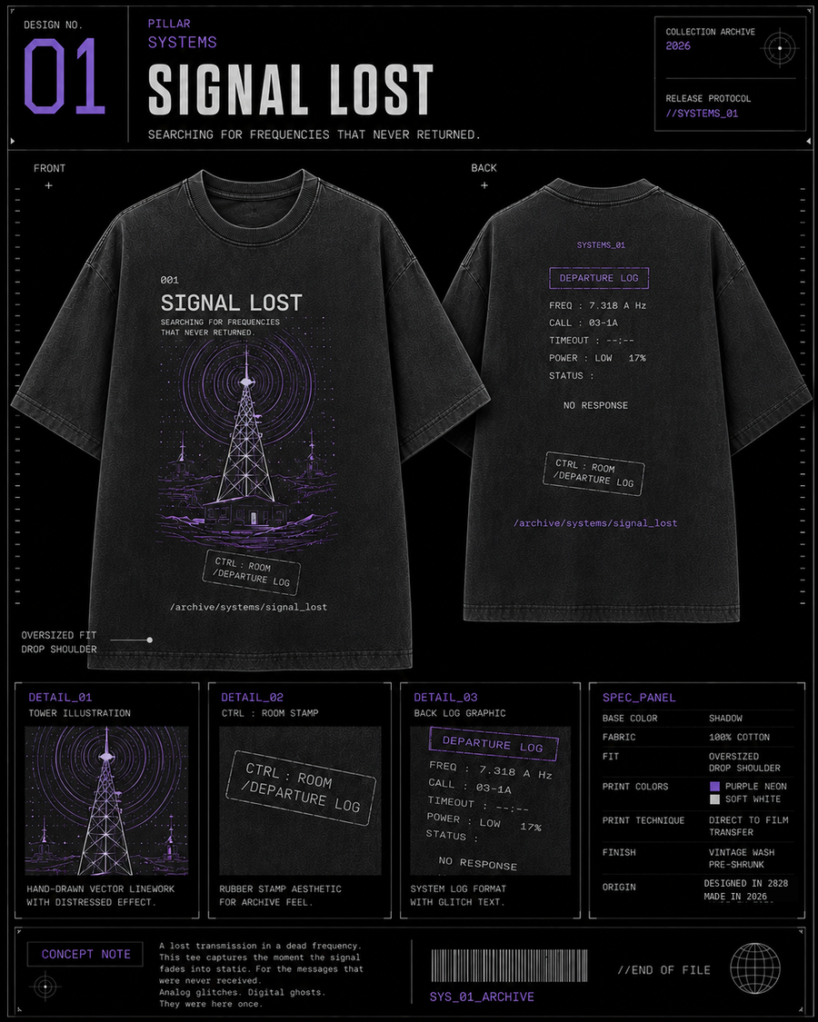 Signal Lost Tee black retro-futurism graphic tee with violet signal tower artwork